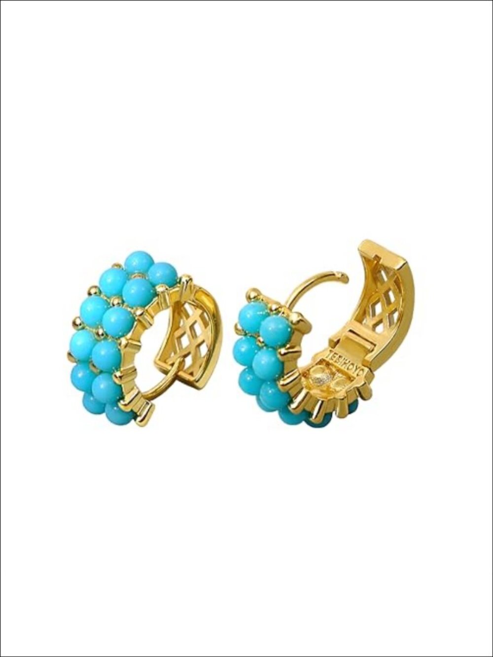 Small Gold Plated Huggie Hoop Earrings with Simulated Turquoise Boho Dainty